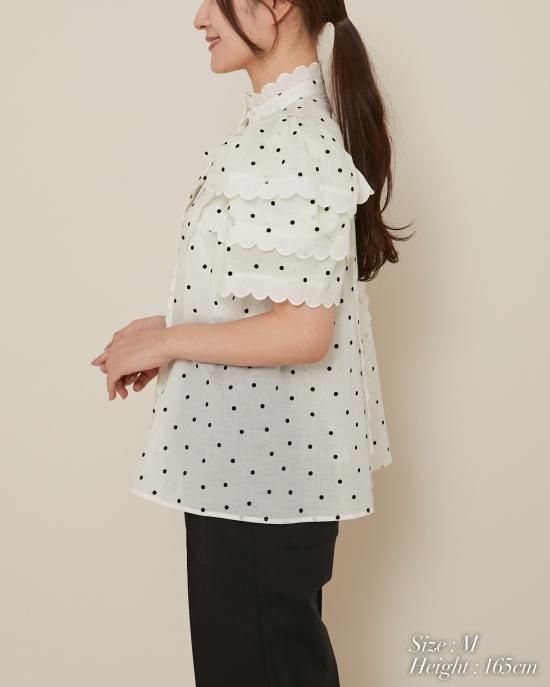 再入荷】スカラップティアードブラウス(ホワイト×ブラックドット 