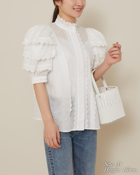 再入荷】スカラップティアードブラウス(ブラック×ブラックドット