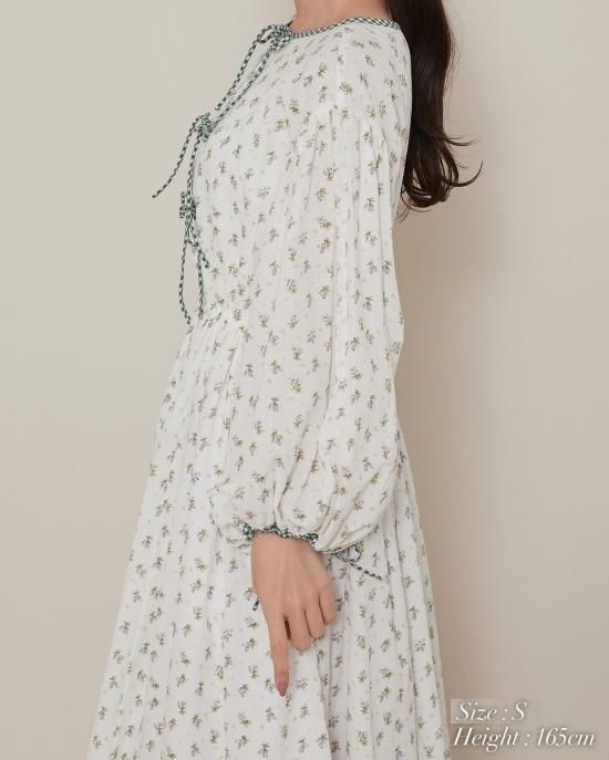 再入荷】小花ローンギンガムパイピングドレス(ブルー) - seventen