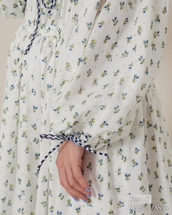 再入荷】小花ローンギンガムパイピングドレス(ブルー) - seventen