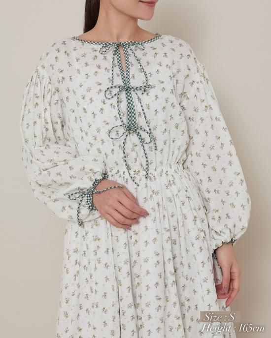 再入荷】小花ローンギンガムパイピングドレス(ブルー) - seventen