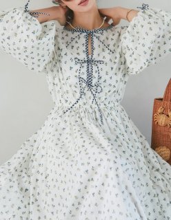小花ローンギンガムパイピングドレス(ブルー)