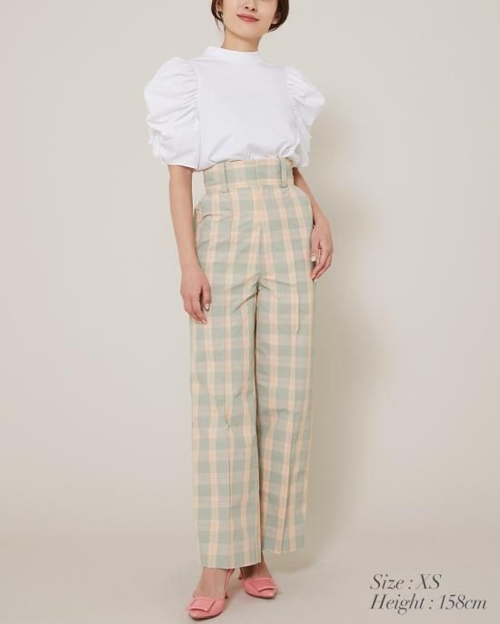 20％off】ハイウエストチェックパンツ(サーモンピンク) - seventen