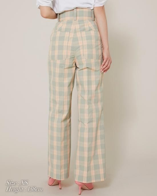 【20%off】ハイウエストチェックパンツ(サーモンピンク) - seventen