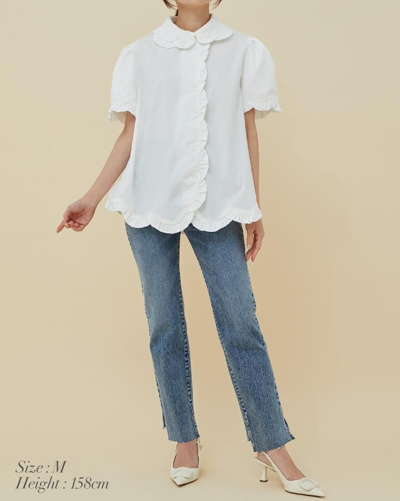 お値下げ 美品 セブンテン フリルスカラップシャツ(ブラック)