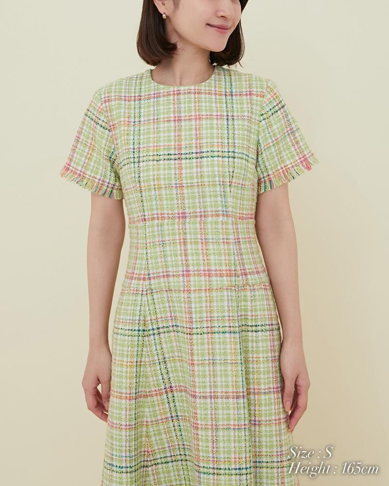 再入荷】ツイードフィットフレアワンピース(グリーン) - seventen