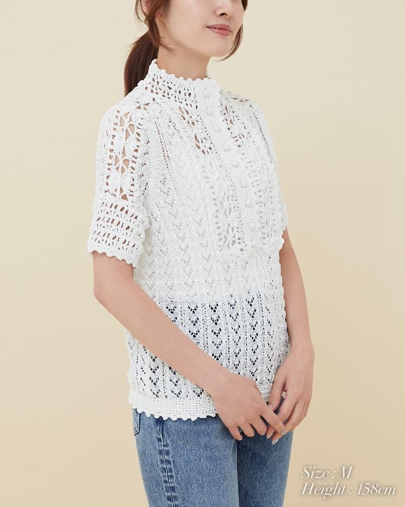 再入荷】クロシェショートスリーブニット(ホワイト) - seventen