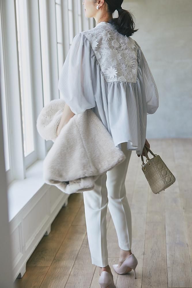 セブンテン モチーフチュールブラウス レース 刺繍 比翼ボタン バンドカラー M セブンテン モチーフチュールブラウス レース 刺繍 比翼ボタン