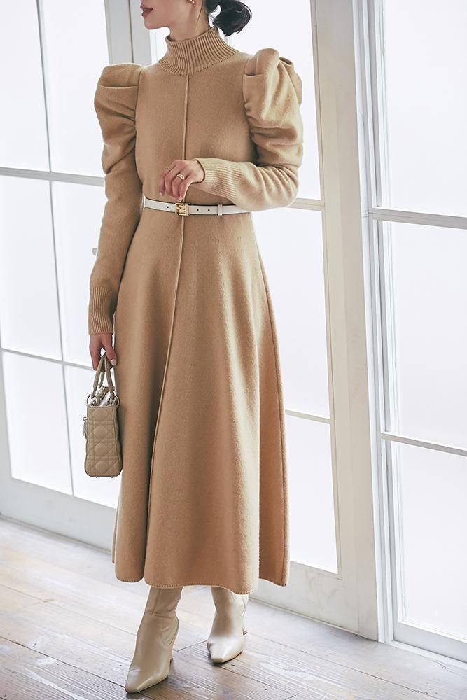 パフスリーブニットワンピース(キャメル) - seventen