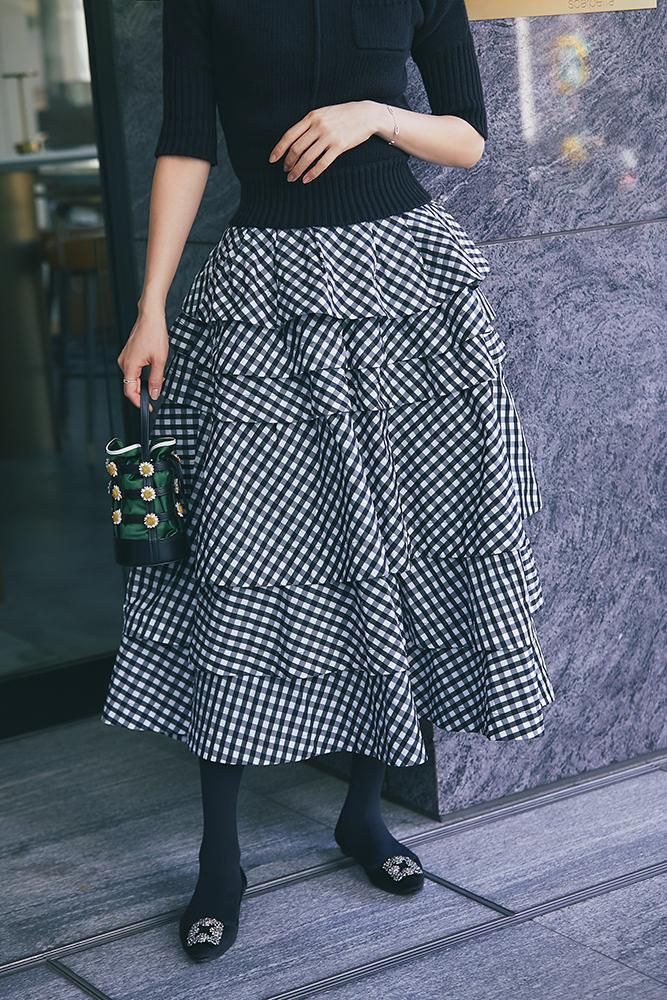 ラッフルティアードスカート(ギンガムチェック) - seventen