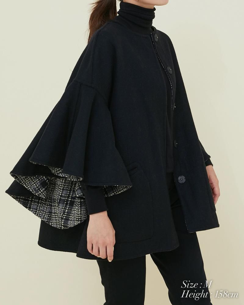 30%off】ラッフルスリーブリバーシブルコート(ブラック) - seventen 30%off】ラッフルスリーブリバーシブルコート(ブラック) - seventen