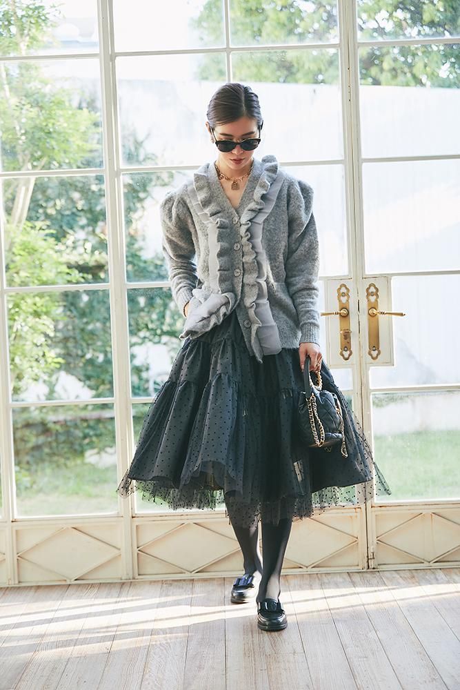 完売✨人気　セブンテン　オーガンジーニット　フリル　ペプラム　バイカラー　ウール セール】 バイカラーペプラムニット（オフホワイト/グレー