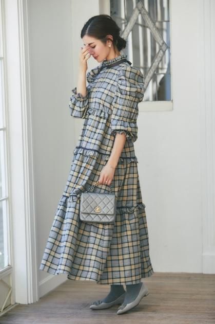 【再入荷】タータンチェックワンピース(ベージュ)