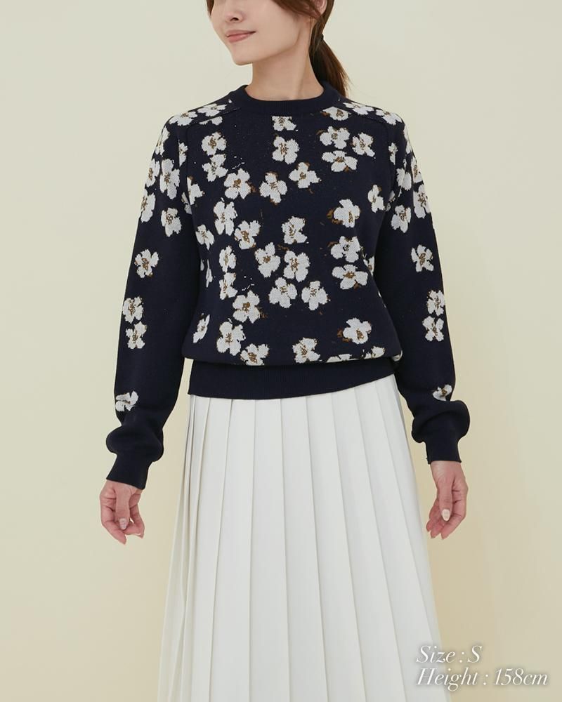フラワーラメジャガードニット(ネイビー) - seventen