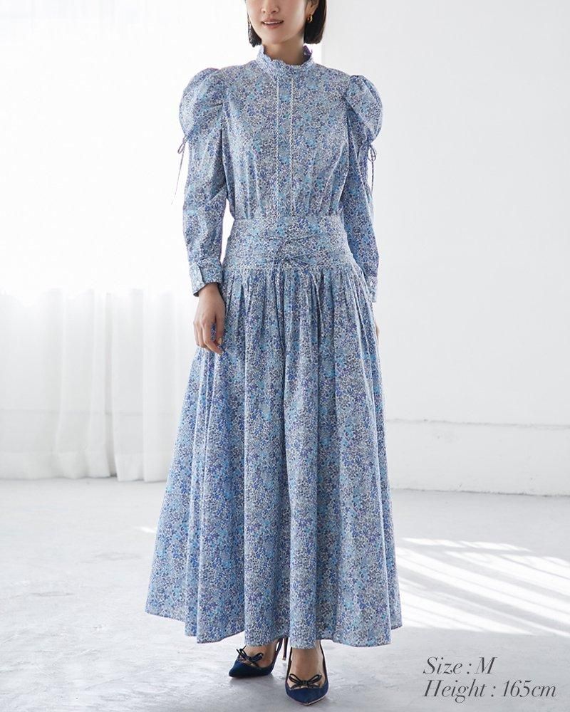 リバティプリントハイウエストタックスカート(グリーン) - seventen