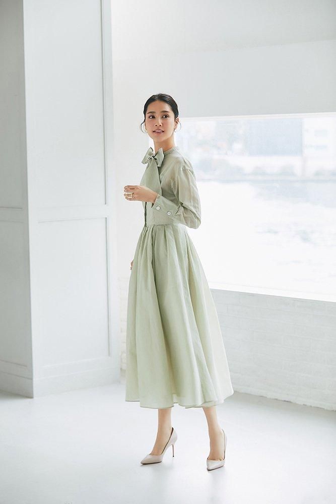 10%off】シアーストライプボウタイワンピース(セージ) - seventen 10%off】シアーストライプボウタイワンピース(セージ) - seventen