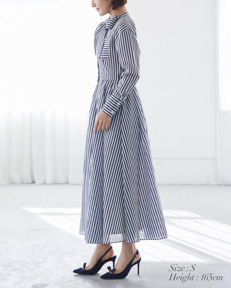 10%off】シアーストライプボウタイワンピース(セージ) - seventen 10%off】シアーストライプボウタイワンピース(セージ) - seventen