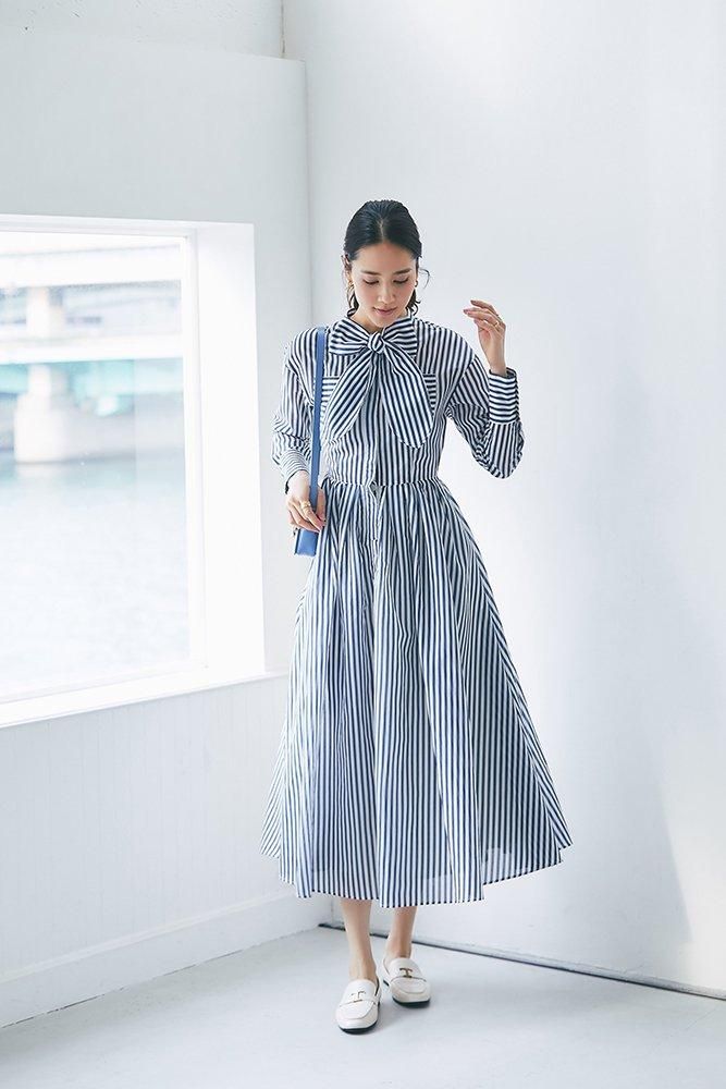再入荷】シアーストライプボウタイワンピース(ネイビー) - seventen 再入荷】シアーストライプボウタイワンピース(ネイビー) - seventen