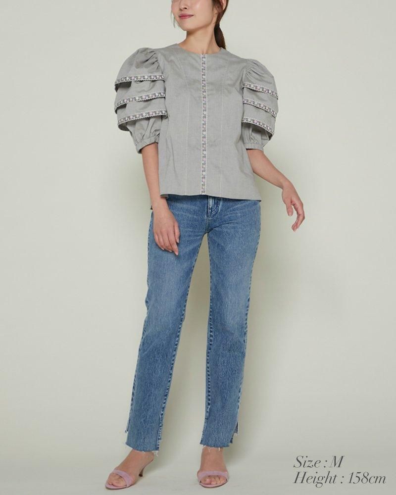 30％off】エンブロイダリーティアードスリーブブラウス(ベージュ