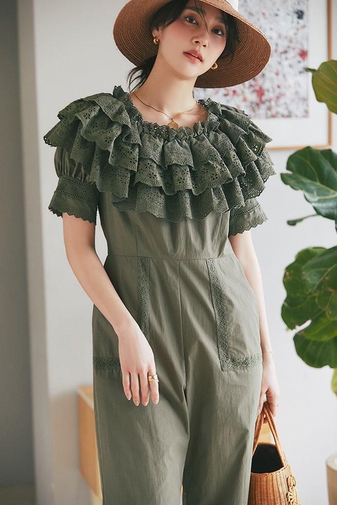 10％off】コットンレースオールインワン(カーキ) - seventen