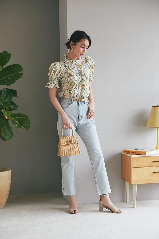 フラワープリントスカラップブラウス(イエロー) Sサイズ フラワープリントスカラップブラウス(イエロー) - seventen