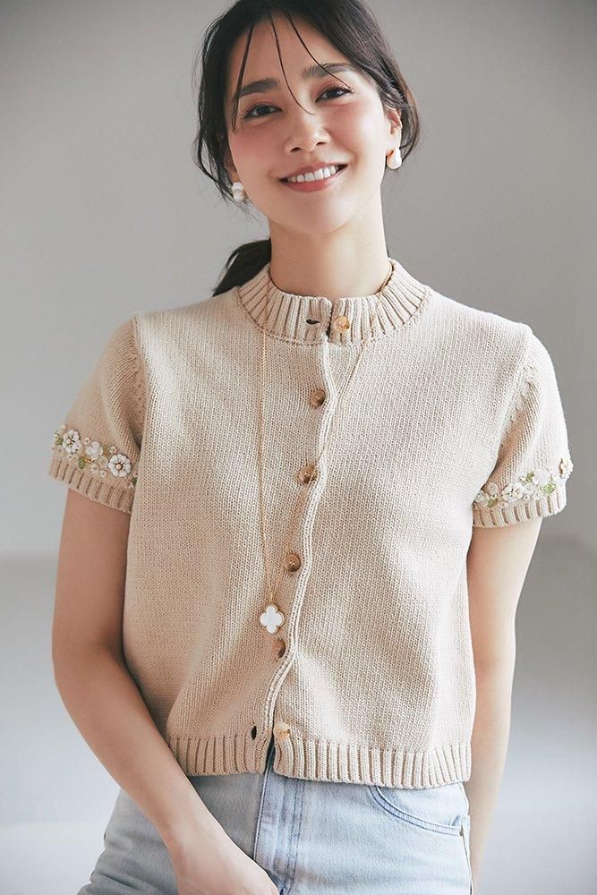 10%off】ビジューショートスリーブカーディガン(ベージュ 10%off】ビジューショートスリーブカーディガン(ベージュ