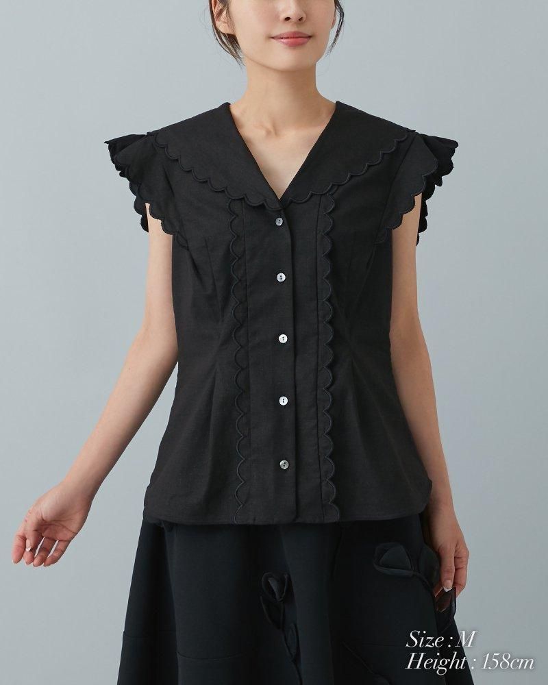 クーポン対象】【10%off】オープンネックスカラップブラウス クーポン対象】【10%off】オープンネックスカラップブラウス