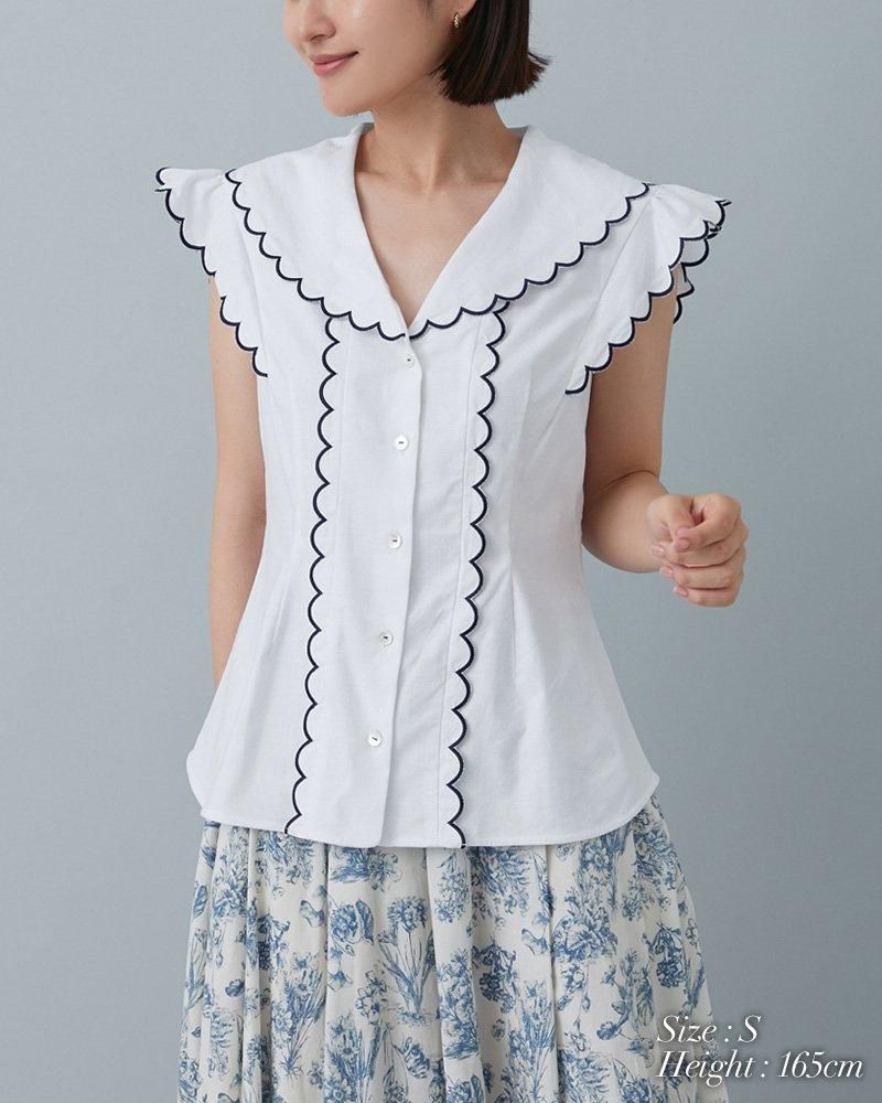 10%off】オープンネックスカラップブラウス(ホワイト) - seventen 10%off】オープンネックスカラップブラウス(ホワイト) - seventen