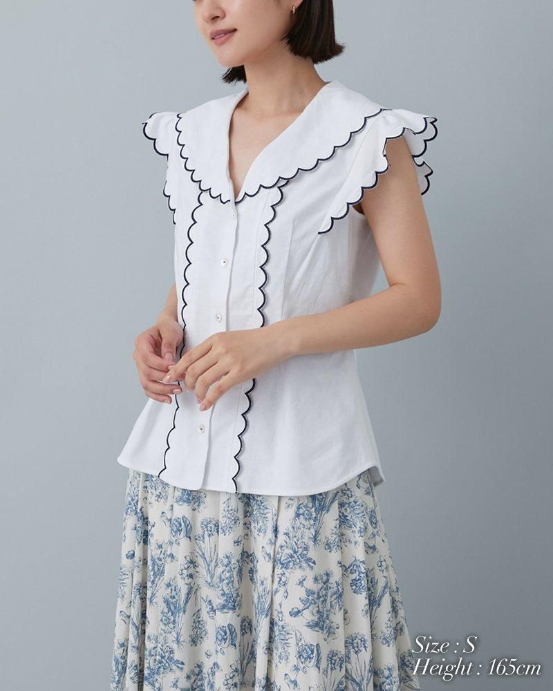 10%off】オープンネックスカラップブラウス(ホワイト) - seventen 10%off】オープンネックスカラップブラウス(ホワイト) - seventen