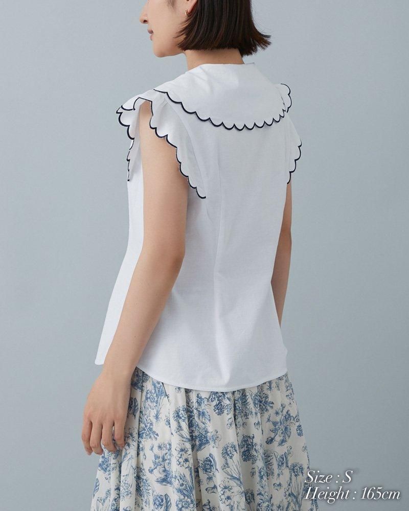 10%off】オープンネックスカラップブラウス(ホワイト) - seventen 10%off】オープンネックスカラップブラウス(ホワイト) - seventen
