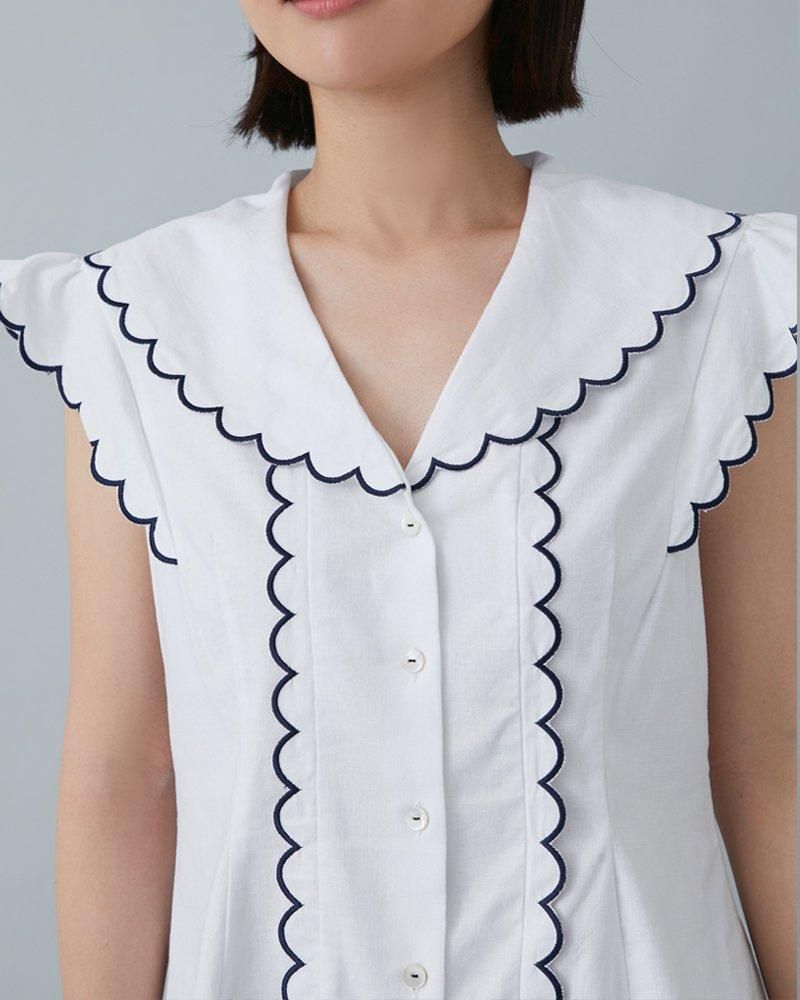 10％off】オープンネックスカラップブラウス(ホワイト) - seventen