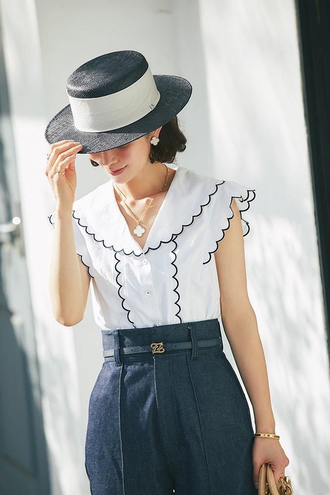 10%off】オープンネックスカラップブラウス(ホワイト) - seventen 10%off】オープンネックスカラップブラウス(ホワイト) - seventen