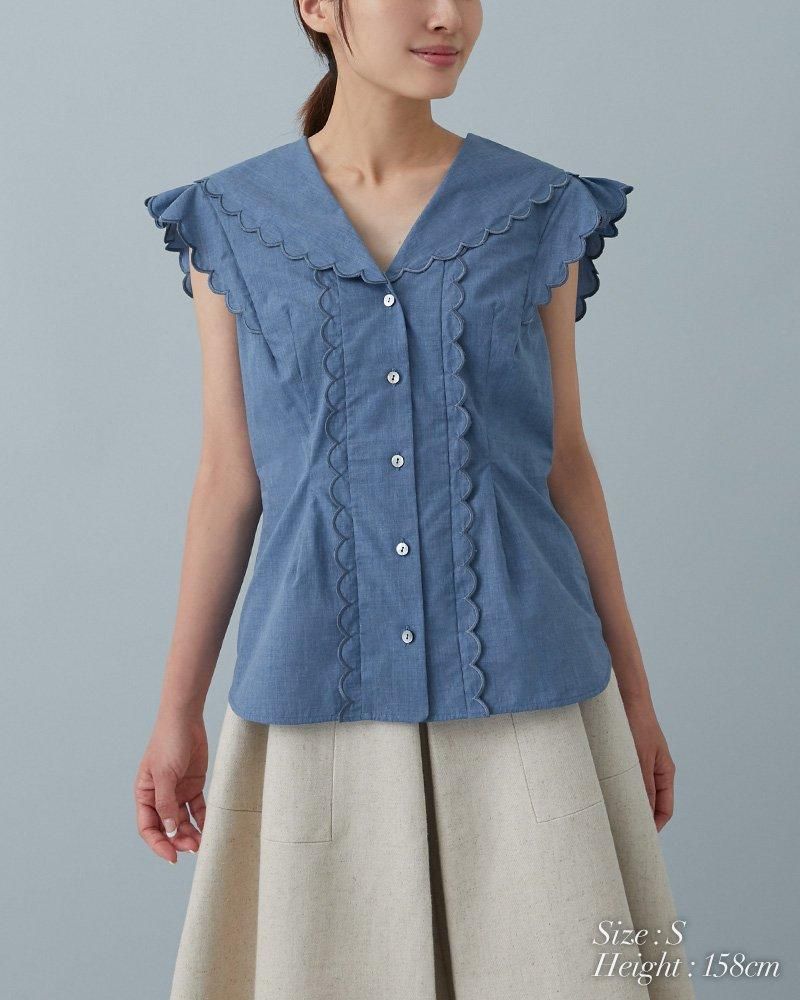 10％off】オープンネックスカラップブラウス(ホワイト) - seventen
