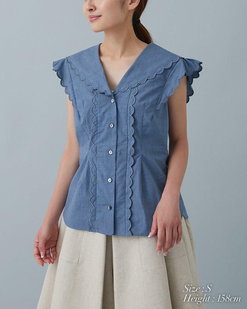 10%off】オープンネックスカラップブラウス(ホワイト) - seventen 10%off】オープンネックスカラップブラウス(ホワイト) - seventen