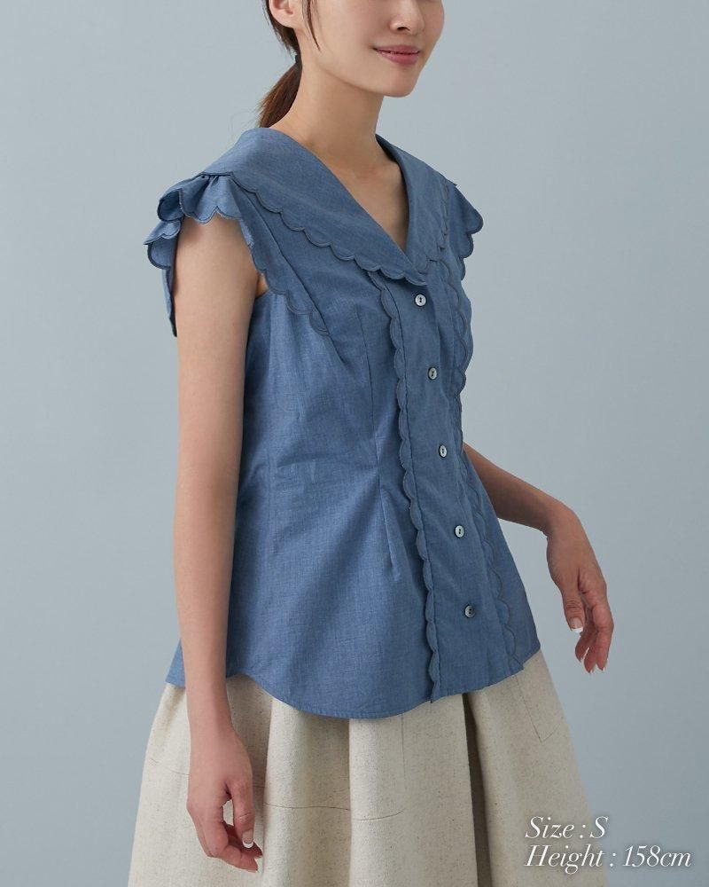 10％off】オープンネックスカラップブラウス(ホワイト) - seventen