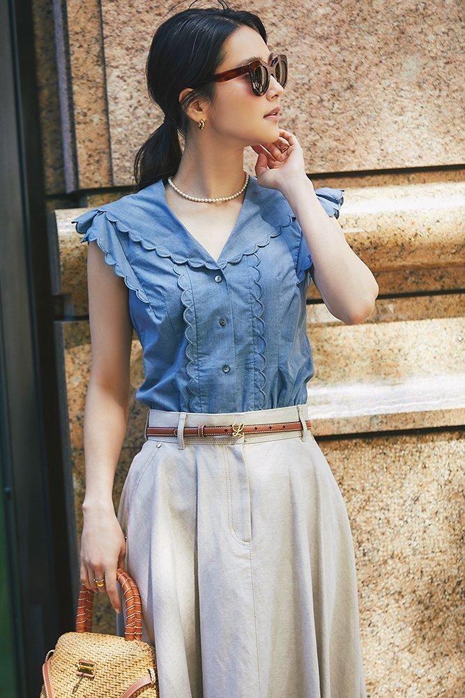 再入荷】オープンネックスカラップブラウス(ダンガリー) - seventen 再入荷】オープンネックスカラップブラウス(ダンガリー) - seventen