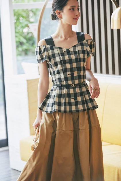 【30％off】ペプラムタックトップス(チェック)