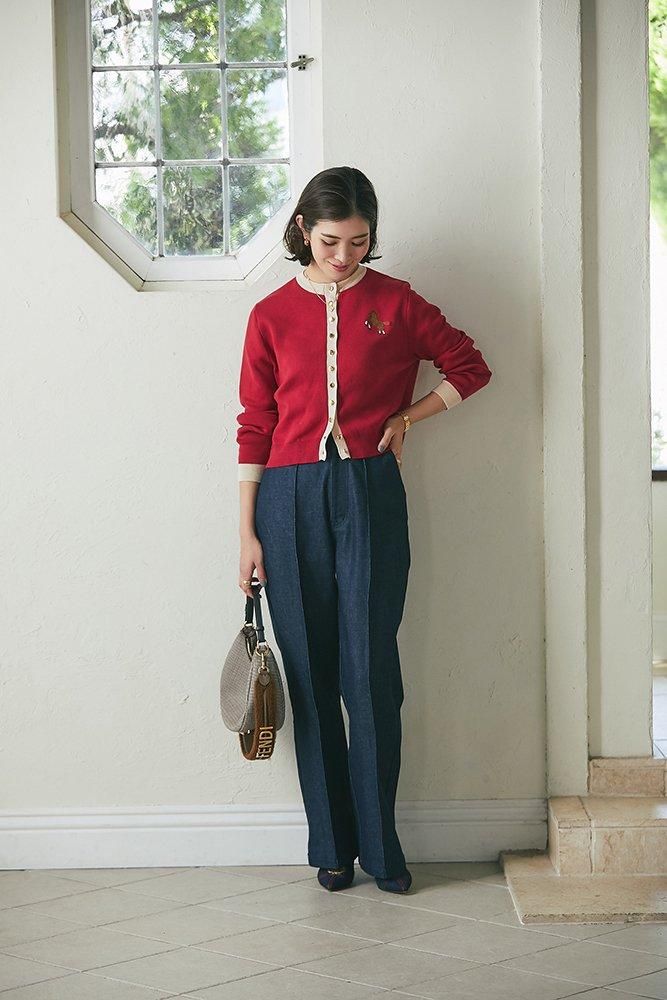 ワンポイント刺繍カーディガン(レッド×ベージュ) - seventen ワンポイント刺繍カーディガン(レッド×ベージュ) - seventen