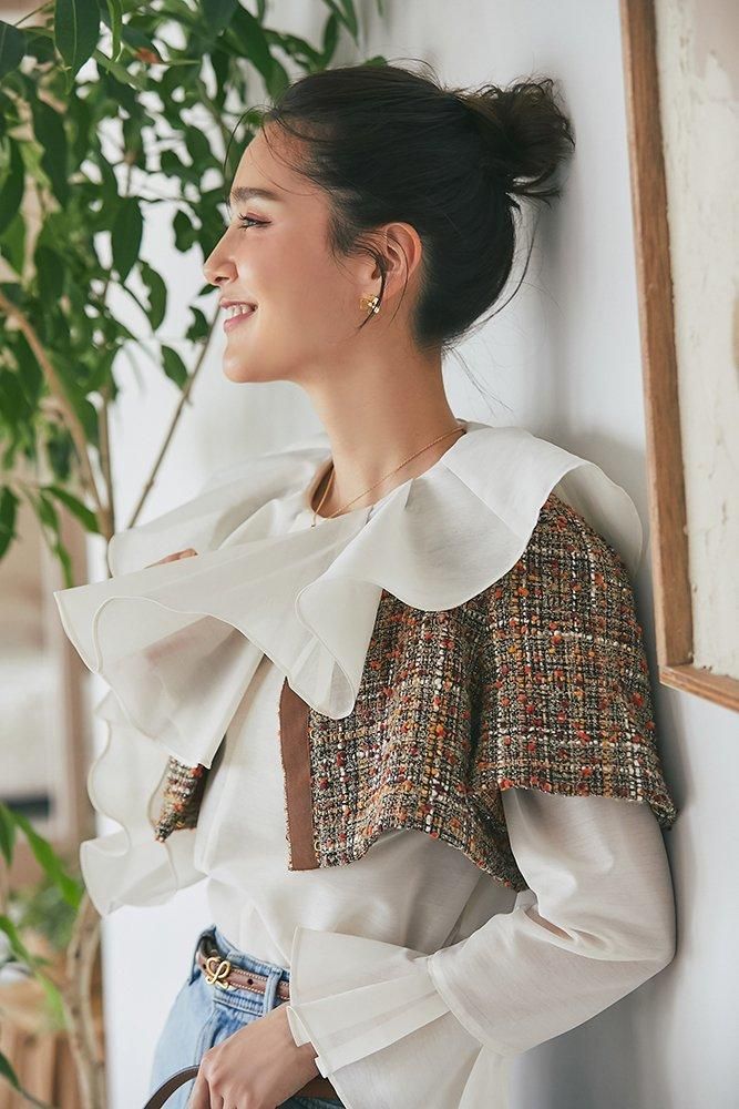 30％off】ショートボレロ3WAYツイードトップス(ブラウンラメ