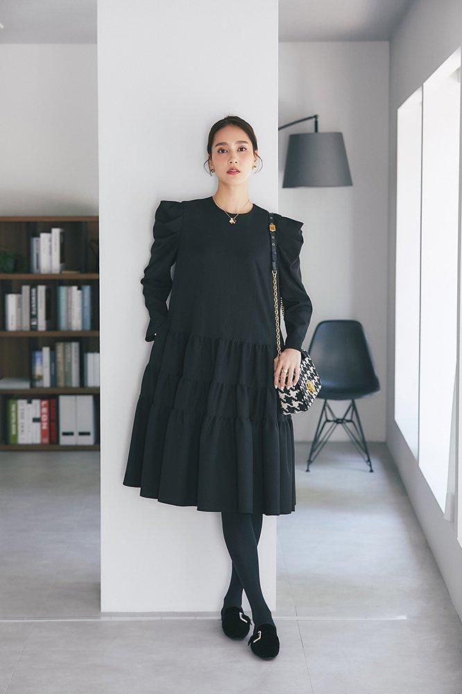ウールライクティアードワンピース(ブラック) - seventen