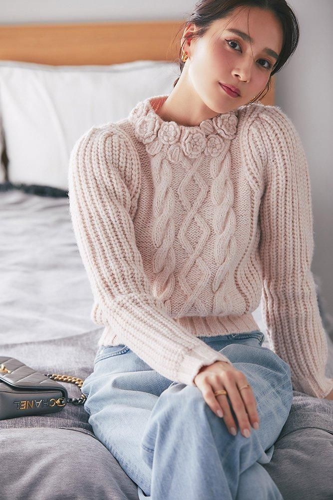 クロシェフラワーケーブルニット(ライトピンク) - seventen