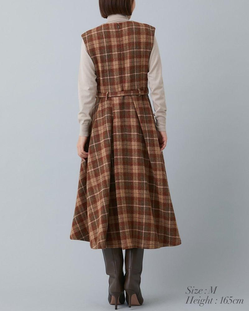 30％off】ウールチェックジャンバースカート(ブラウン) - seventen