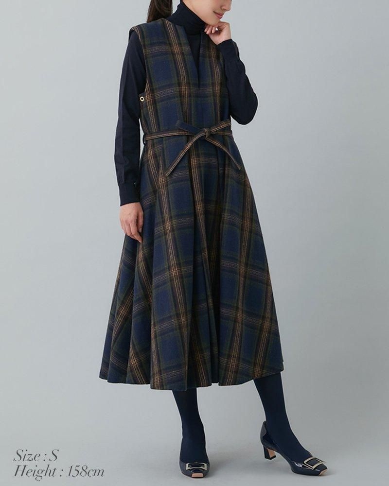 30％off】ウールチェックジャンバースカート(ブラウン) - seventen
