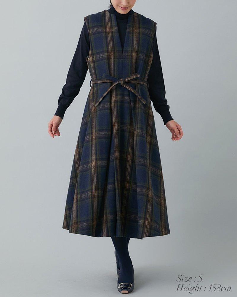 新品未開封 seventen ウールチェックジャンバースカート モスグリーン S 30％off】ウールチェックジャンバースカート(モスグリーン