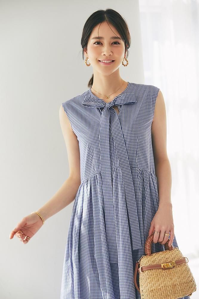 ノースリーブボウタイワンピース(ブルーギンガム) - seventen