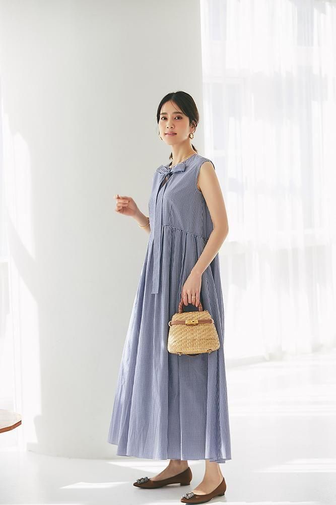 ノースリーブボウタイワンピース(ブルーギンガム) - seventen