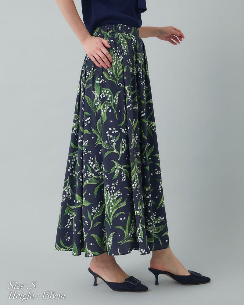 なる様　印半纏のスカート ドラマ着用】先染めリネン刺繍スカート(ミモレ丈スカート