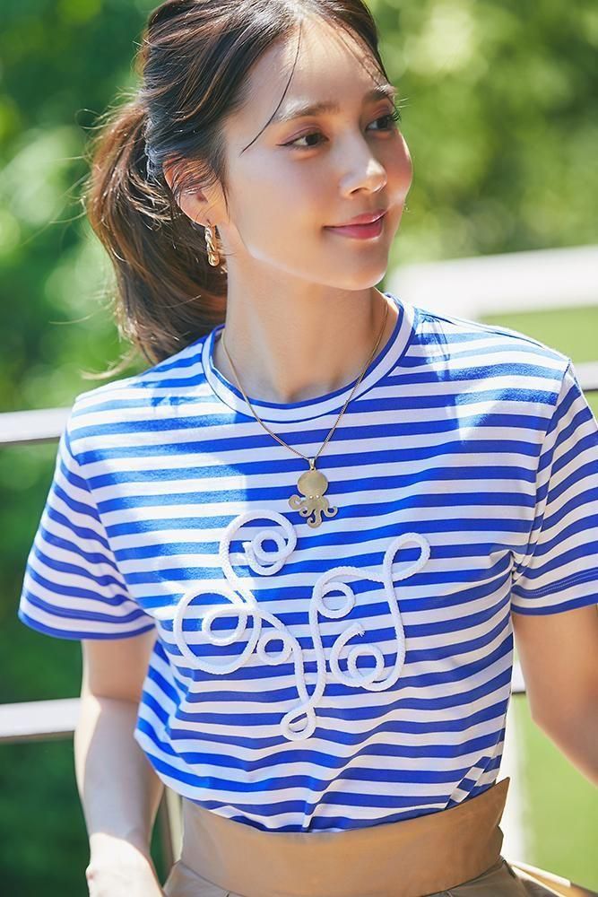 seventen by miho kawahito ボーダーコード刺繍Tシャツ ボーダーコード刺繍Tシャツ(ブラック×ホワイト) - seventen