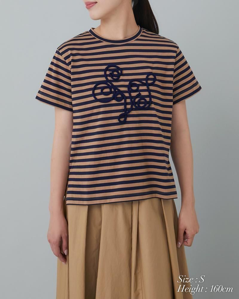 SEVENTEN ボーダーコード刺繍Tシャツ(ベージュ×ネイビー) Mサイズ ボーダーコード刺繍Tシャツ(ベージュ×ネイビー) - seventen
