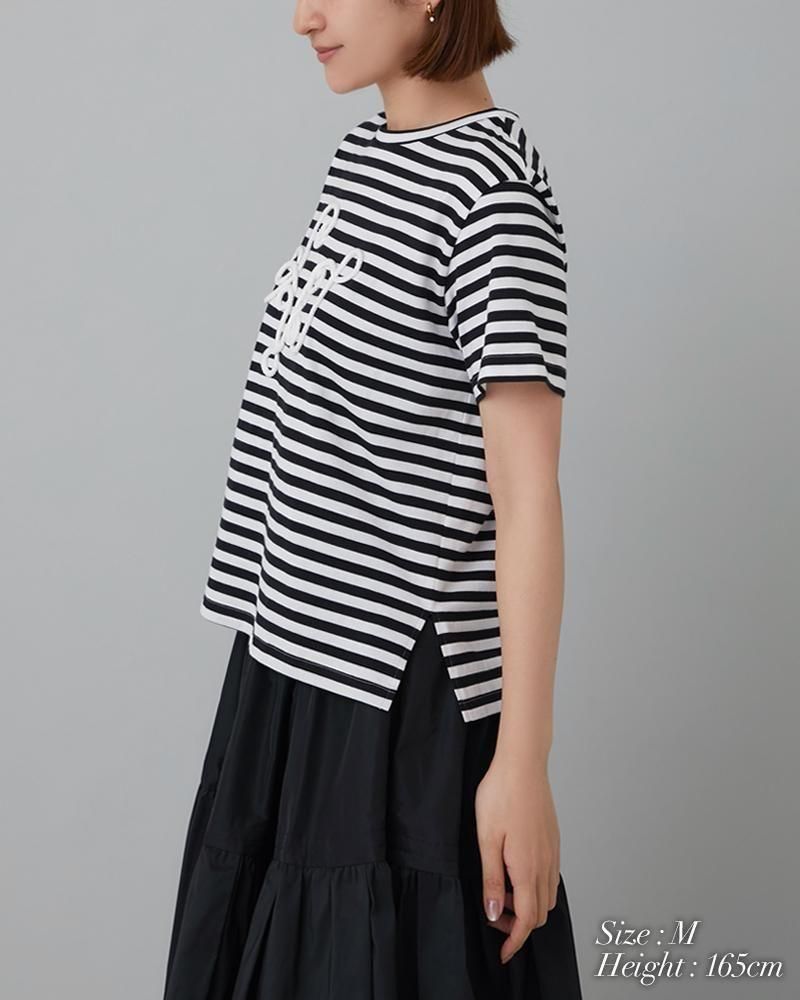 ボーダーコード刺繍Tシャツ(ベージュ×ネイビー) - seventen